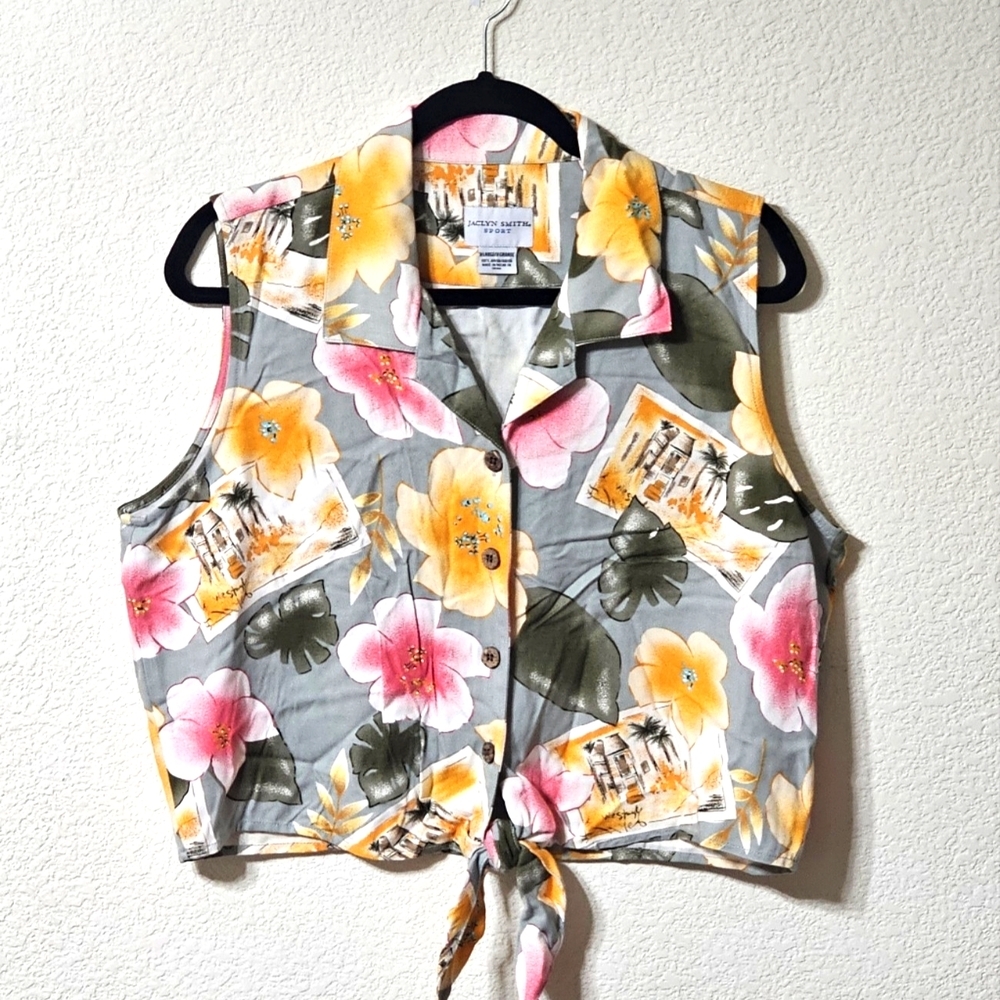 Jaclyn Smith Sport Shirt Womens XL Sleeveless Button Up Front Tie Hawaiian Top